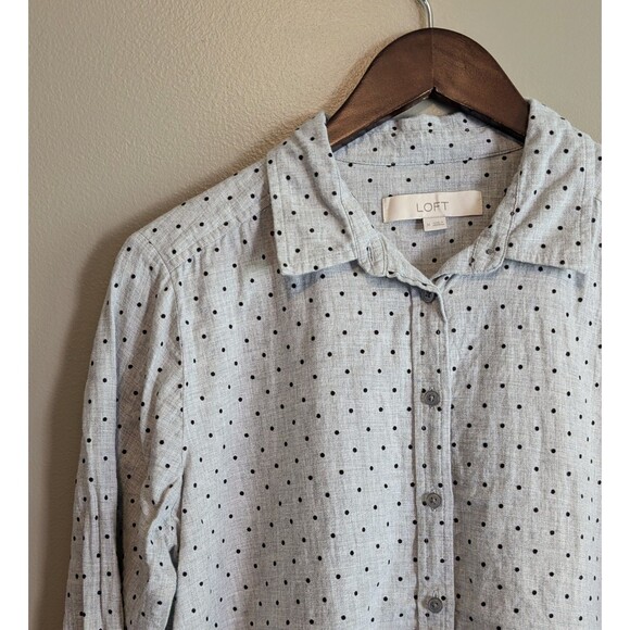 Loft Size Medium Polka Dot Top Womens Gray Button Up Shirt Long Sleeve M Cotton - Picture 3 of 5